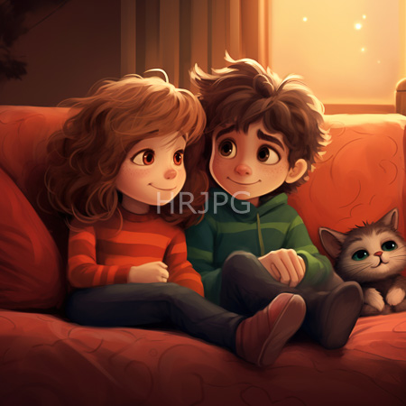 High Resolution: Two children with curly brown hair sitting on an orange-patterned couch in warm sunlight one wears a red-striped shirt the other a green striped hoodie with a cute gray kitten between them download. | HRJPG.com