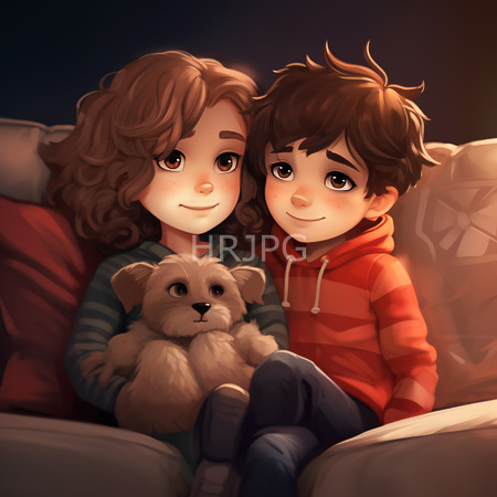 High Resolution: Two children with curly and short brown hair sitting closely on beige cushions in dim lighting one holds an adorable fluffy teddy bear against their chest download. | HRJPG.com