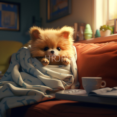 High Resolution: Adorable fluffy Pomeranian puppy with golden fur snuggled in blue-patterned blankets on an orange couch by sunlight streaming through a window download. | HRJPG.com