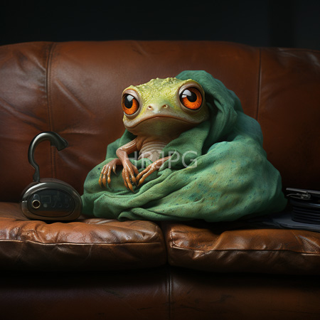 High Resolution: Photorealistic anthropomorphic green frog with large expressive orange eyes sitting on a brown leather couch wrapped in a teal blanket with a silver lockbox nearby download. | HRJPG.com