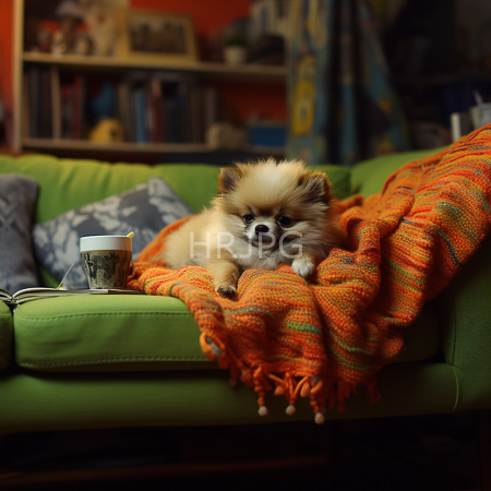 High Resolution: Adorable fluffy Pomeranian puppy with cream and brown fur lounging on a green couch covered by an orange striped blanket beside a blue patterned pillow download. | HRJPG.com
