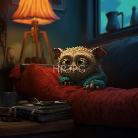 High Resolution: Adorable small creature with large eyes and fluffy beige fur wearing teal sleeves sitting on red pillows in dim lighting from a warm lampshade download. | HRJPG.com