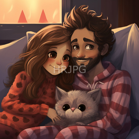 High Resolution: Affectionate couple with large expressive eyes and soft features sitting on a couch at night wearing red-and-pink checkered pajamas looking at each other warmly download. | HRJPG.com