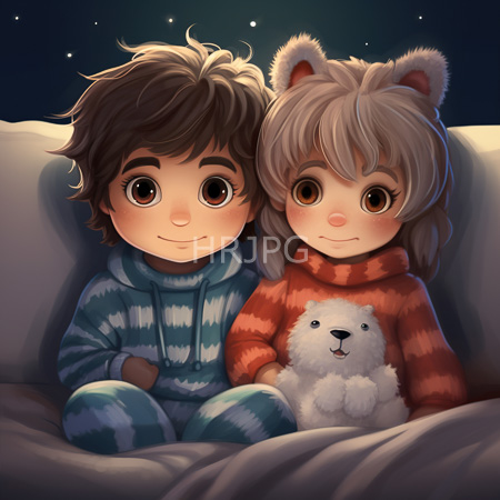 High Resolution: Two cute young children with large brown eyes and rosy cheeks sitting on a couch at night under starry skies one with dark hair in blue-striped pajamas download. | HRJPG.com
