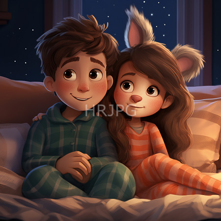 High Resolution: Two children with anthropomorphic features sitting closely on a bed at night under a starry sky one in green plaid pajamas and the other wearing an orange striped onesie with bunny ears download. | HRJPG.com