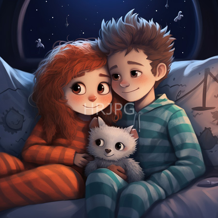 High Resolution: Two children with large expressive eyes and soft features snuggled on a bed under a starry night sky visible through an oval window download. | HRJPG.com
