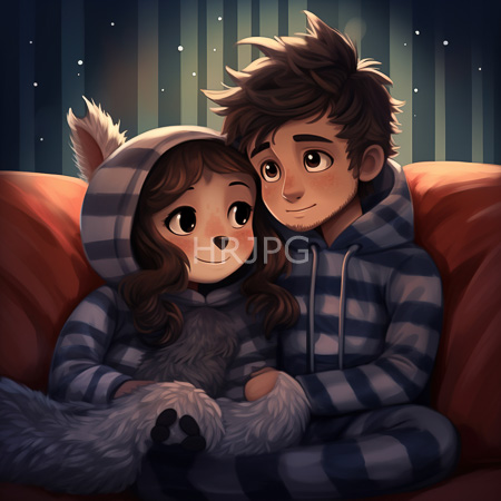 High Resolution: Adorable young couple sitting closely on red cushions in front of striped wallpaper both wearing blue and white-striped hoodies resembling animal costumes download. | HRJPG.com