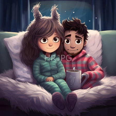 High Resolution: Two cartoon children with large expressive eyes sitting on an oversized white fluffy couch at night one in green striped pajamas holding hands resembling rabbit ears download. | HRJPG.com