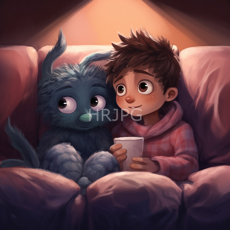 High Resolution: Adorable brown-haired boy with large eyes and rosy cheeks in pink plaid pajamas sitting on a plush couch beside a blue-furred creature resembling Sofia from Tangled download. | HRJPG.com