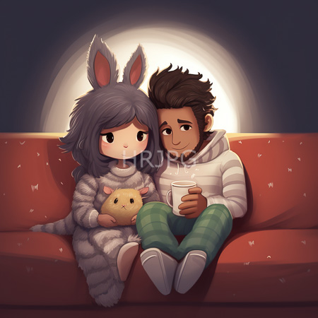 High Resolution: Adorable chibi-style couple sitting on a red couch one girl with gray bunny ears and the boy wearing green plaid pants and a white hoodie download. | HRJPG.com