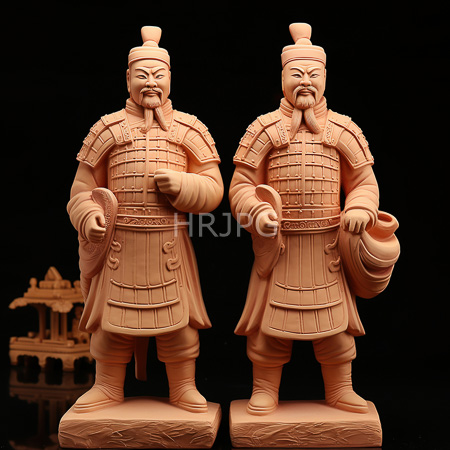 High Resolution: Two intricately carved life-sized terracotta statues depicting bearded Chinese warriors in traditional armor with detailed shoulder plates and flowing robes download. | HRJPG.com
