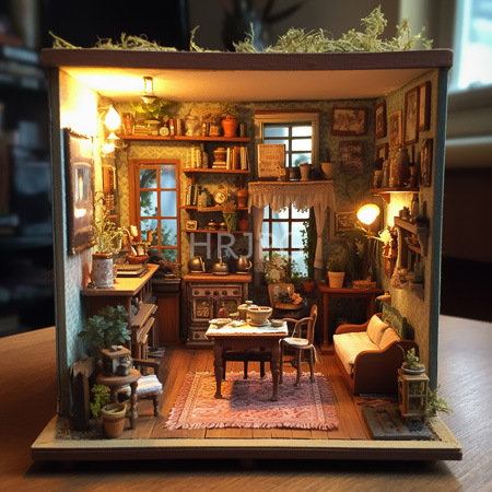 High Resolution: Intricately detailed miniature diorama depicts a cozy vintage kitchen and living room with warm lighting wooden shelves filled with books and pottery download. | HRJPG.com