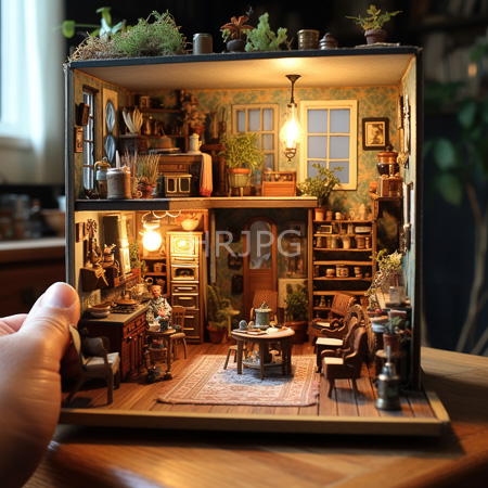 High Resolution: Intricately detailed miniature diorama depicts a cozy living room and kitchen area within a wooden box frame with warm lighting and potted plants on shelves download. | HRJPG.com