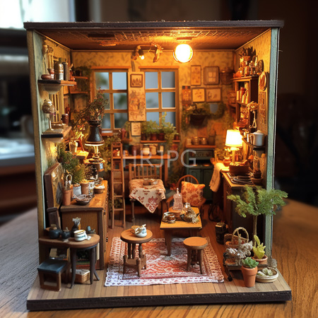High Resolution: Intricately detailed miniature diorama depicts a cozy vintage kitchen and living room scene under warm yellow lighting with wooden furniture and floral cushions download. | HRJPG.com