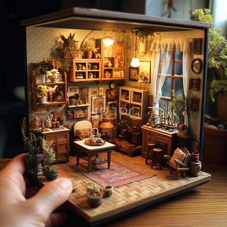 High Resolution: Intricately detailed miniature diorama depicts a cozy vintage living room with warm lighting and rustic decor wooden furniture and potted plants on shelves download. | HRJPG.com