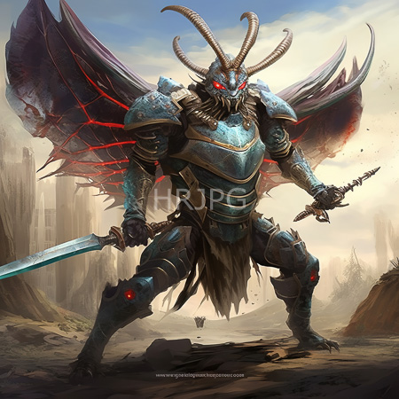 High Resolution: Imposing demonic warrior with blue metallic armor and red glowing eyes stands in ruins under cloudy skies with large curved horns and dark wings download. | HRJPG.com