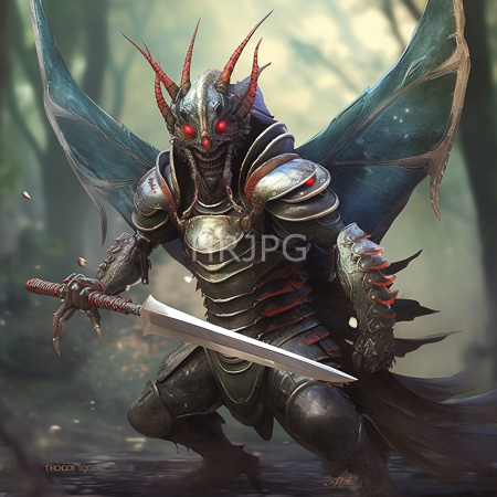 High Resolution: Armored demonic warrior with red glowing eyes and two prominent horns crouches in a forest clearing holding a large sword with dark greenish-blue insect-like wings download. | HRJPG.com
