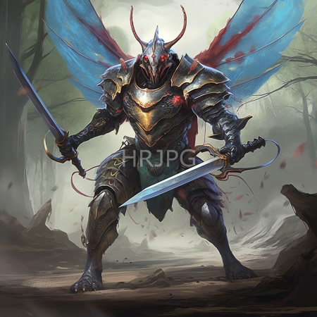 High Resolution: Armored demonic warrior with red horns and blue wings stands in a misty forest clearing holding two swords with ornate gold and dark accents on his armor download. | HRJPG.com