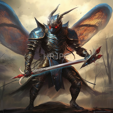 High Resolution: Armored demonic warrior with glowing red eyes and large insect-like wings stands on rocky terrain wearing dark blue metallic armor adorned with sharp spikes and holding a blood-stained sword download. | HRJPG.com