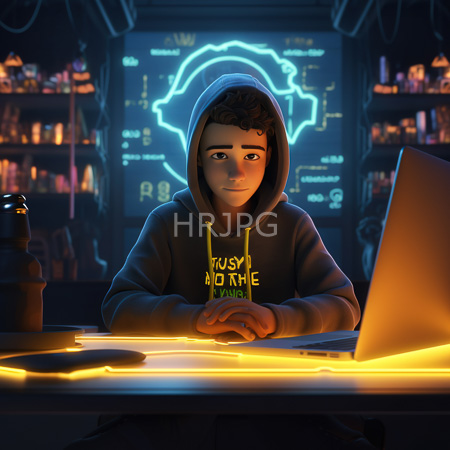 High Resolution: Androgynous young person with light skin brown curly hair wears a gray hoodie that reads TUSKY AND THE sitting at a glowing neon-lit desk working on a laptop download. | HRJPG.com