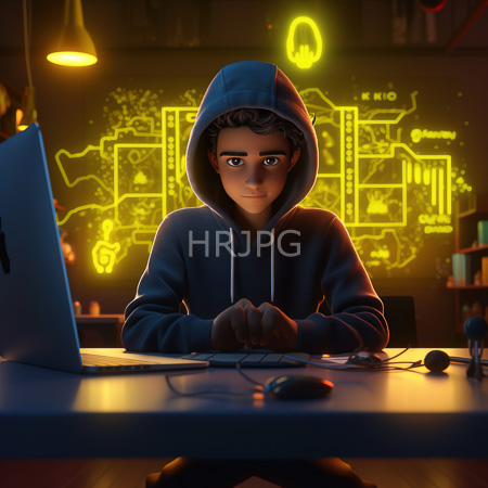 High Resolution: Adolescent boy with medium brown skin and curly dark hair wears a blue hoodie with the hood up sitting at a desk in front of a laptop under neon circuit board lighting download. | HRJPG.com