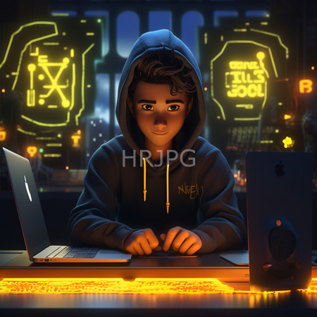 High Resolution: Attractive young man with light brown skin and dark hair wears a blue hoodie labeled NICE sitting at a desk illuminated by orange LED strip lighting download. | HRJPG.com