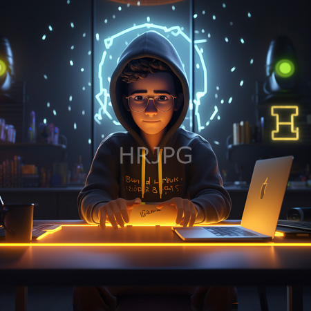 High Resolution: Asian teenage boy with glasses wears a black hoodie typing on a glowing orange keyboard under neon blue and green lights in a dark room download. | HRJPG.com