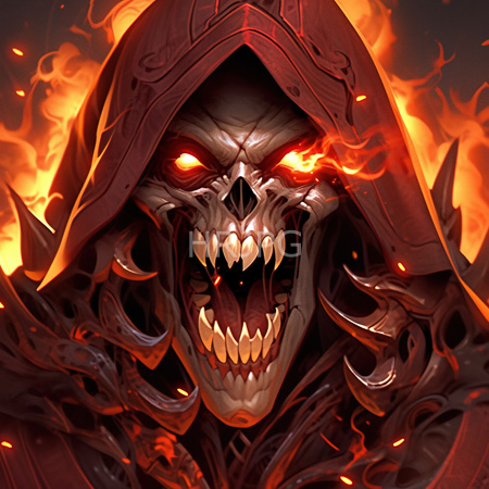 High Resolution: Ominous skeletal demon with glowing red eyes and sharp teeth bared in rage its hooded cloak is adorned with spikes against fiery orange flames background download. | HRJPG.com
