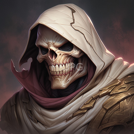 High Resolution: Eerie skeletal figure with hollow eyes and sharp teeth grinning beneath a cracked white hooded cloak with golden armor plates on one shoulder download. | HRJPG.com