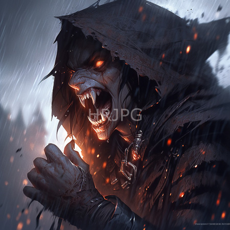 High Resolution: Enraged dark-skinned werewolf with glowing orange eyes and sharp teeth bared in mid-roar under heavy rain wears tattered black robes and metallic jewelry download. | HRJPG.com