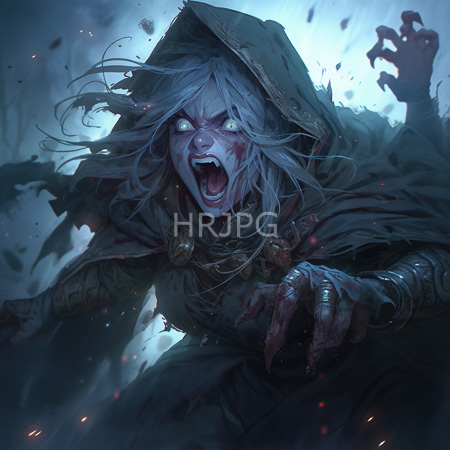 High Resolution: Enraged pale-skinned female warrior with wild white hair and glowing blue eyes under her tattered green hooded cloak has blood on her face and outstretched claw-like hands download. | HRJPG.com