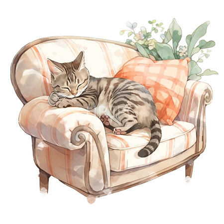 High Resolution: Adorable striped tabby cat napping peacefully on cream sofa with peach plaid cushions and leafy green plants nearby download. | HRJPG.com