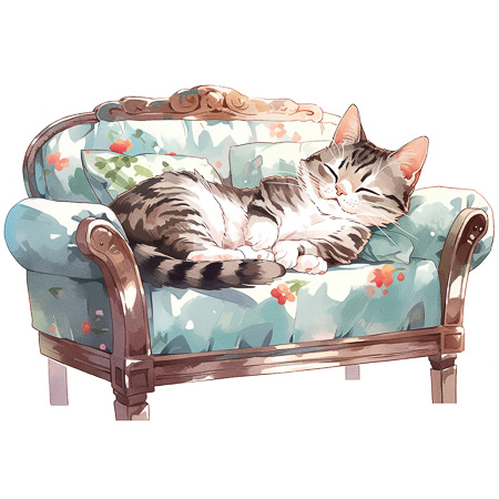 High Resolution: Sweet tabby cat sleeping soundly on light blue floral armchair with green pillows and carved wooden frame download. | HRJPG.com