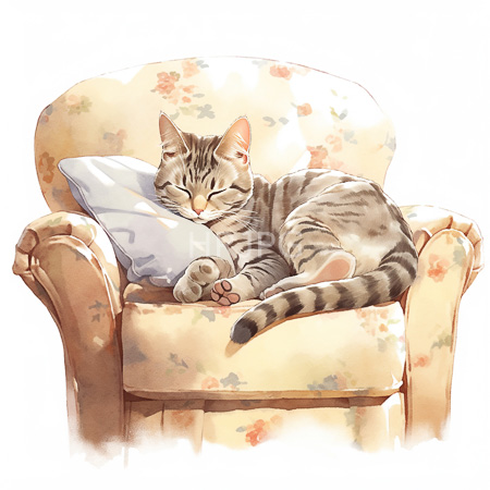 High Resolution: Sleeping tabby kitten nestled in beige floral armchair with pastel blooms and white pillow supporting its head download. | HRJPG.com