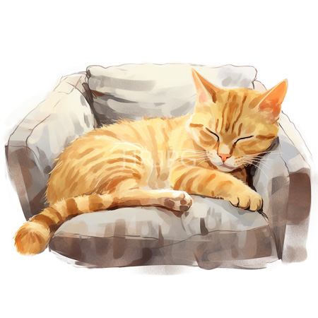 High Resolution: Orange tabby cat sleeping calmly on soft light gray armchair with muted pastel tones and gentle fur contrast download. | HRJPG.com