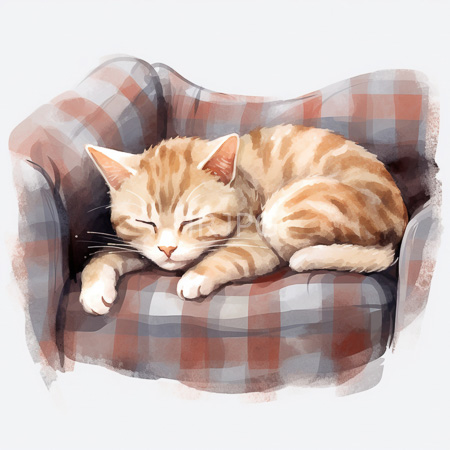 High Resolution: Orange tabby cat curled up asleep on red and gray plaid armchair with emphasis on plush comfort and warmth download. | HRJPG.com