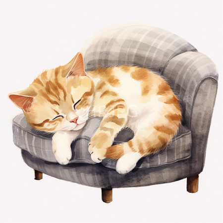 High Resolution: Orange and white tabby cat sleeping peacefully on small gray plaid armchair with wooden legs and soft cushions download. | HRJPG.com