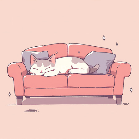 High Resolution: White and gray cat curled up on pink couch with purple pillows against pale peach background and charming diamonds download. | HRJPG.com