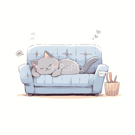 High Resolution: Chubby gray cat sleeping contentedly on light blue tufted couch with pink buttons wooden legs and floating hearts download. | HRJPG.com