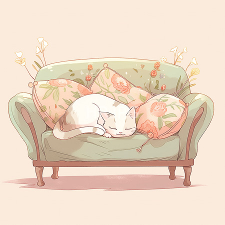 High Resolution: White cat sleeping serenely on pastel green floral sofa with matching cushions and delicate blooms in soft pink setting download. | HRJPG.com