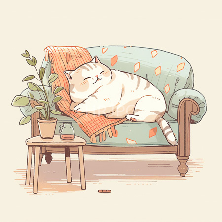 High Resolution: Overweight white cat dozing on teal couch under orange checkered blanket with potted plant and mug nearby download. | HRJPG.com