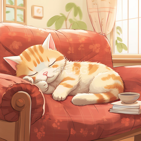 High Resolution: Fluffy orange and white cat sleeping peacefully on red floral couch in sunlit room beside books and a cup download. | HRJPG.com