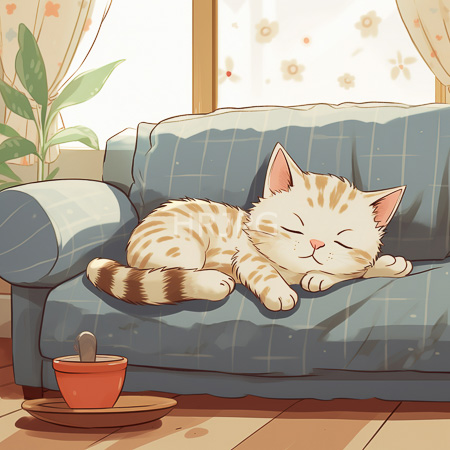 High Resolution: Tabby kitten sleeping on blue plaid couch by sunlit window with floral curtains potted plant and orange cup download. | HRJPG.com