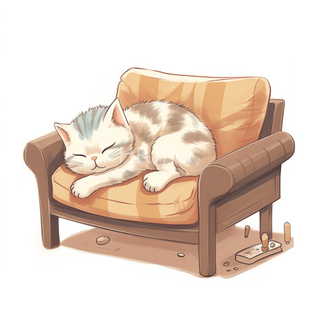 High Resolution: White and gray tabby cat sleeping on beige striped armchair with brown wood frame against plain backdrop download. | HRJPG.com