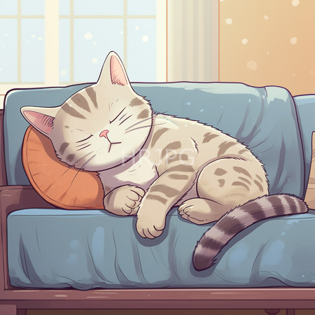 High Resolution: Chubby beige tabby cat sleeping on blue couch with orange pillows in soft sunlight through large windows download. | HRJPG.com