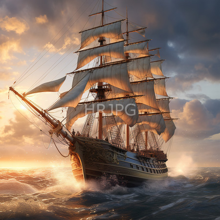 High Resolution: Majestic three masted wooden ship sailing through choppy waves at sunset with golden light on clouds and water download. | HRJPG.com