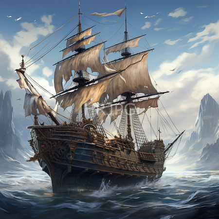 High Resolution: Weathered wooden ship with tattered sails braving turbulent seas beneath cloudy skies and distant jagged islands download. | HRJPG.com