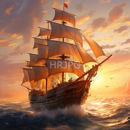 High Resolution: Three masted wooden ship gliding on sunset waves with golden light warming clouds and shimmering ocean surface download. | HRJPG.com