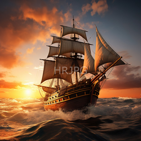 High Resolution: Ornate three masted ship cutting through ocean waves at sunset with pink orange clouds mirrored on water below download. | HRJPG.com