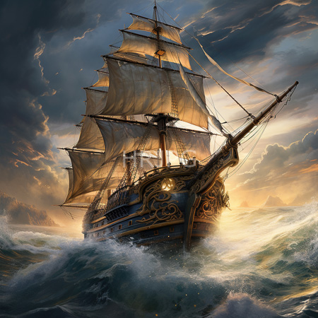 High Resolution: Ornate three masted galleon sailing through stormy waves at sunset with golden light on white sails and carved dark hull beneath dramatic orange clouds download. | HRJPG.com